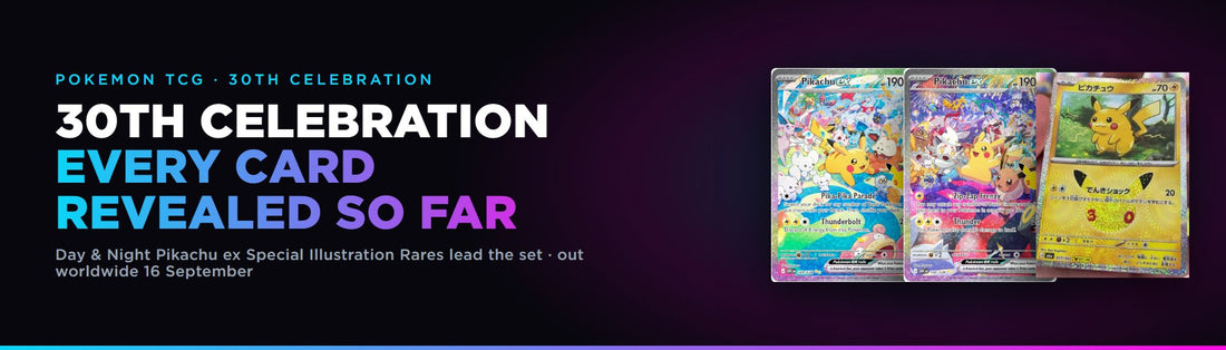 30th Celebration, every card revealed so far, led by the Day and Night Pikachu ex Special Illustration Rares