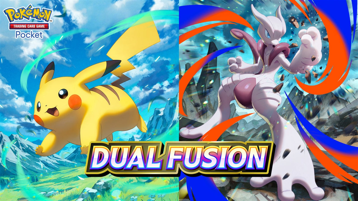 Pokemon TCG Pocket Dual Fusion key art with Pikachu and Mega Mewtwo X
