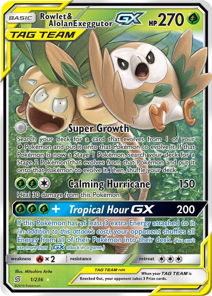 Rowlet & Alolan Exeggutor GX 1/236 Unified Minds Pokemon card, official image