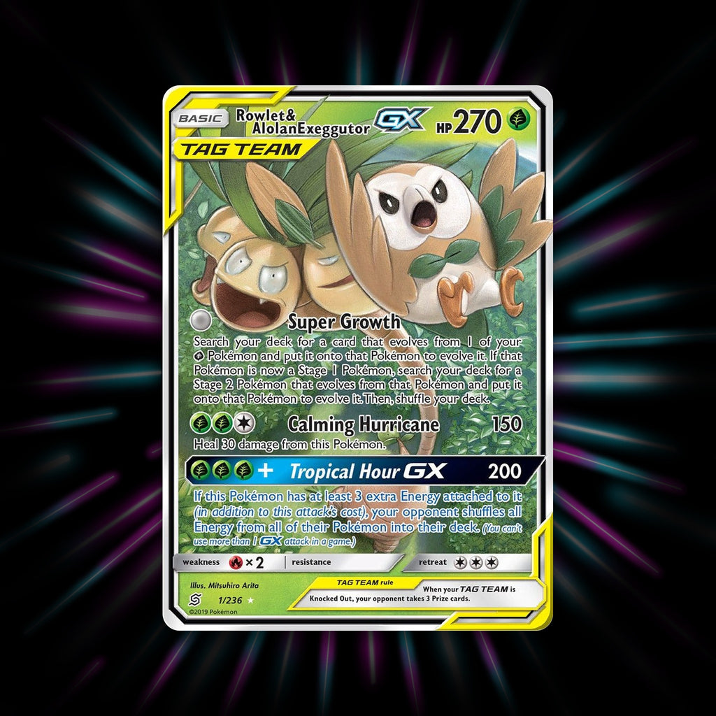 Rowlet & Alolan Exeggutor GX 1/236 Unified Minds Pokemon card