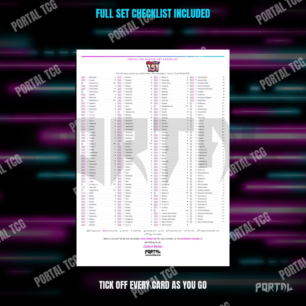The free 151 master set checklist included with the placeholders
