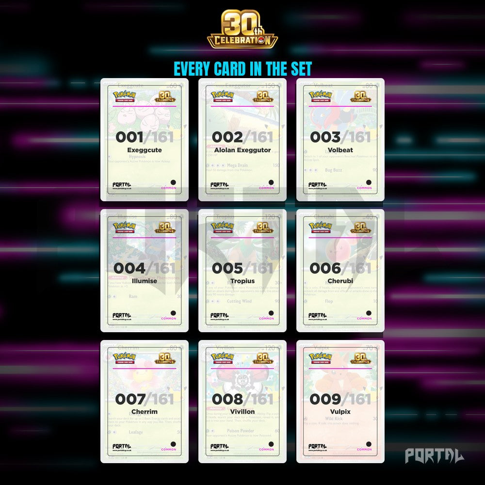 30th Anniversary placeholder cards laid out in a nine pocket binder page