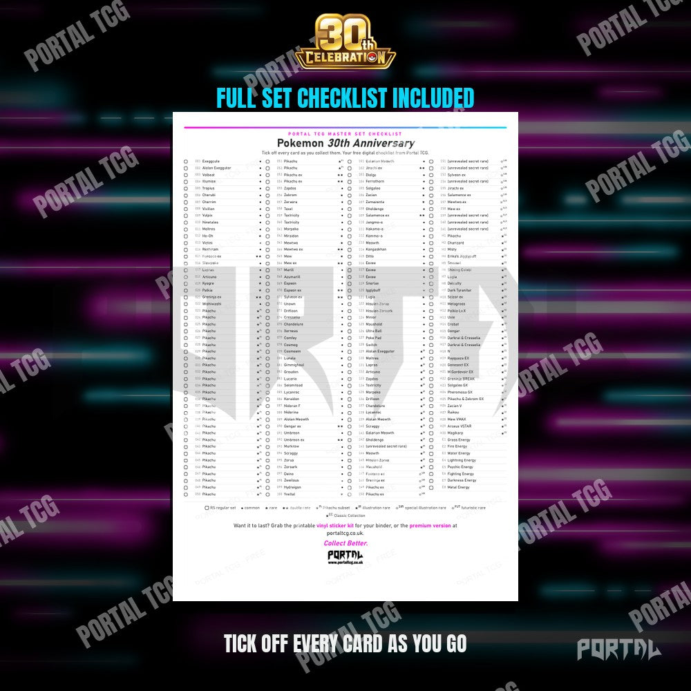 The free 30th Anniversary master set checklist included with the placeholders