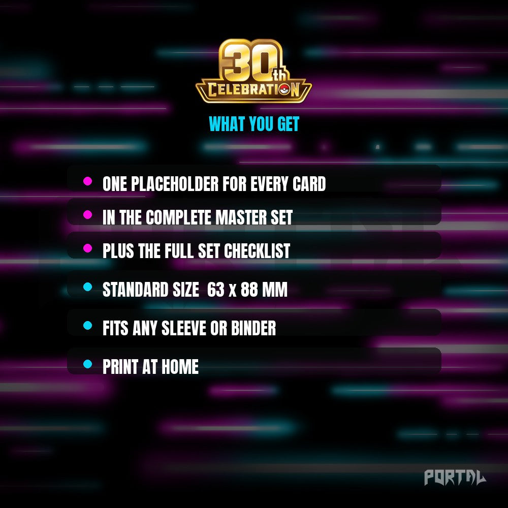 30th Anniversary master set placeholder cards, what is included