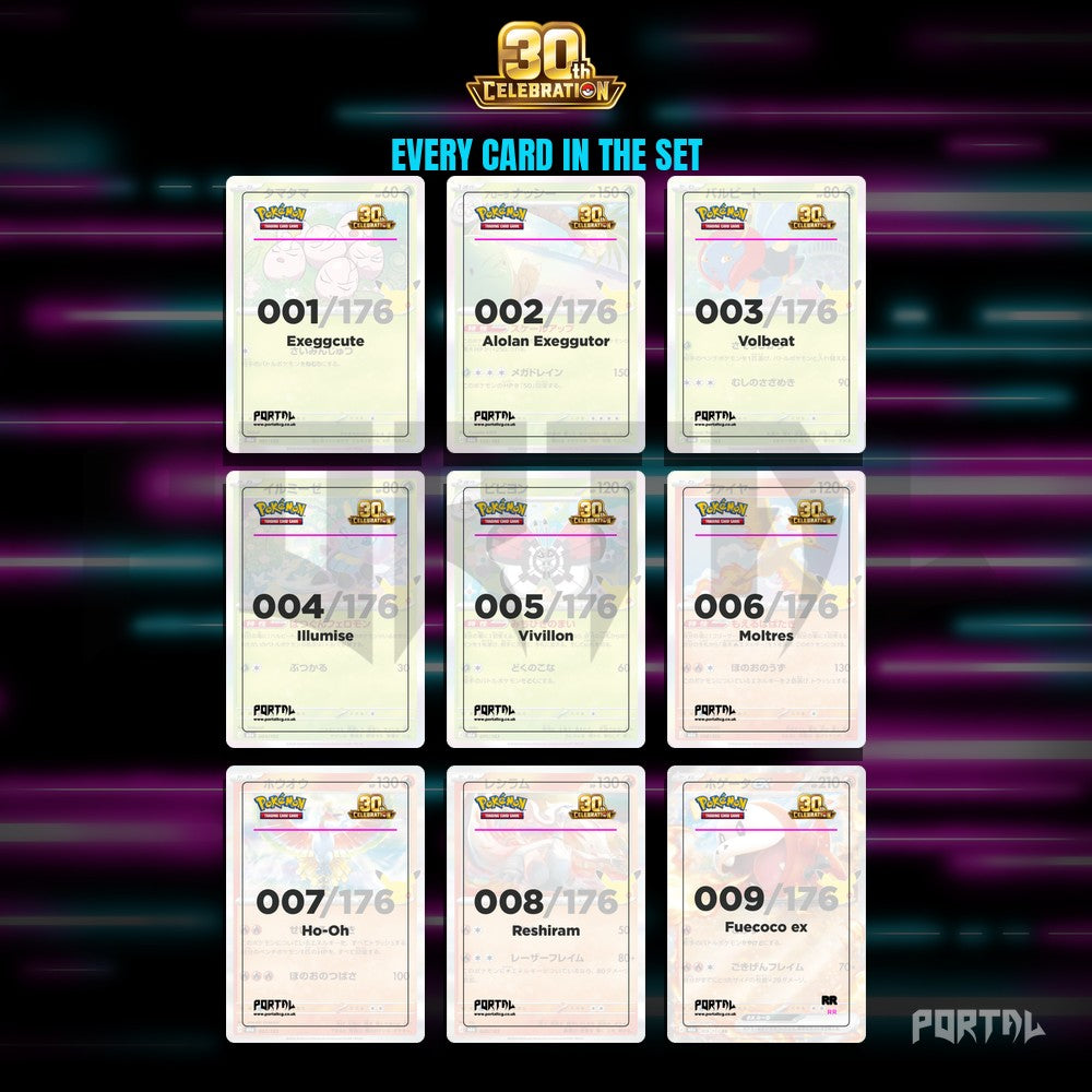 30th Celebration Japanese placeholder cards laid out in a nine pocket binder page