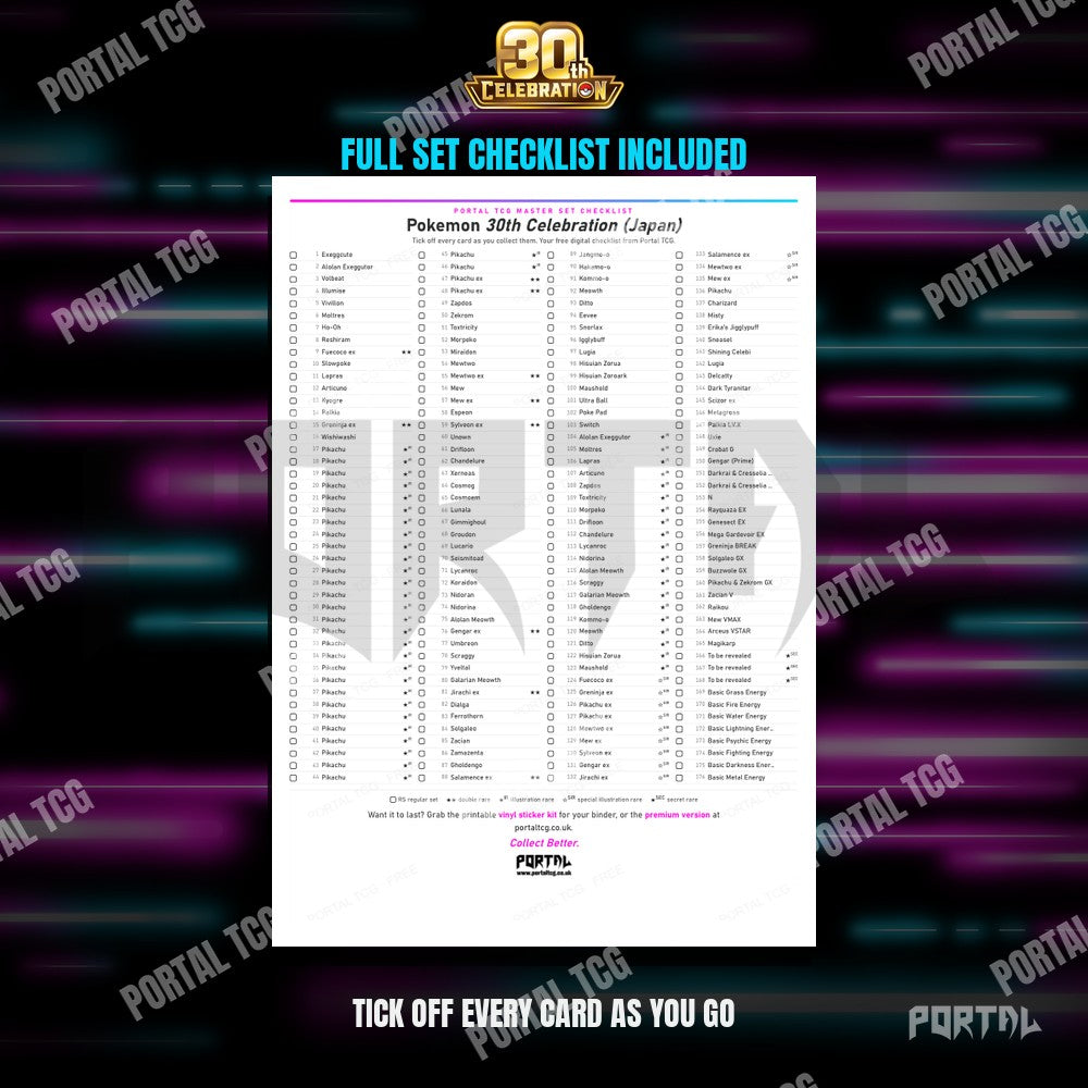 The free 30th Celebration Japanese master set checklist included with the placeholders