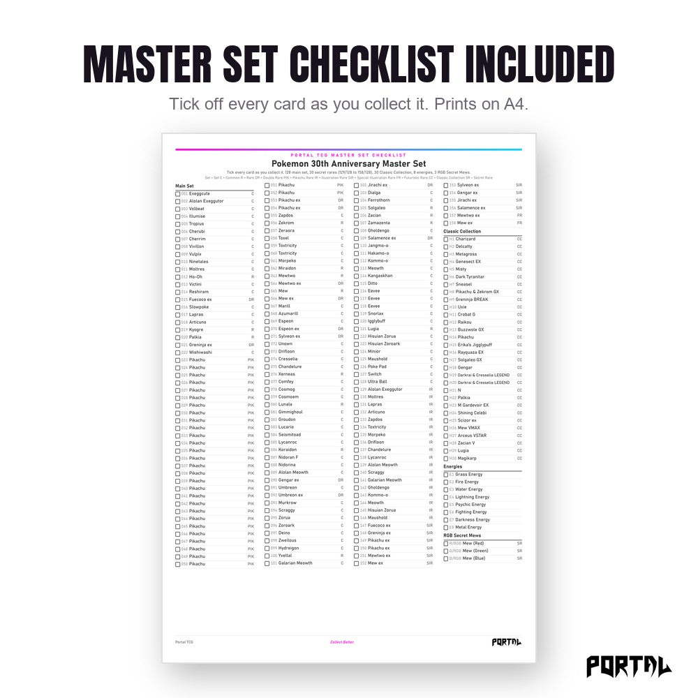30th Anniversary (English) master set placeholders, checklist included, Portal TCG