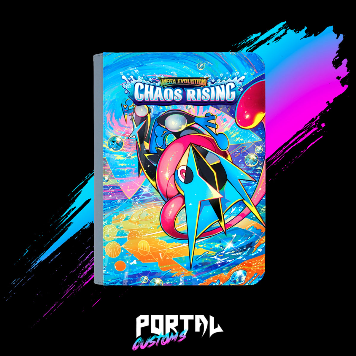 Pokemon Chaos Rising Mega Greninja premium printed binder with set logo, front cover, Portal TCG
