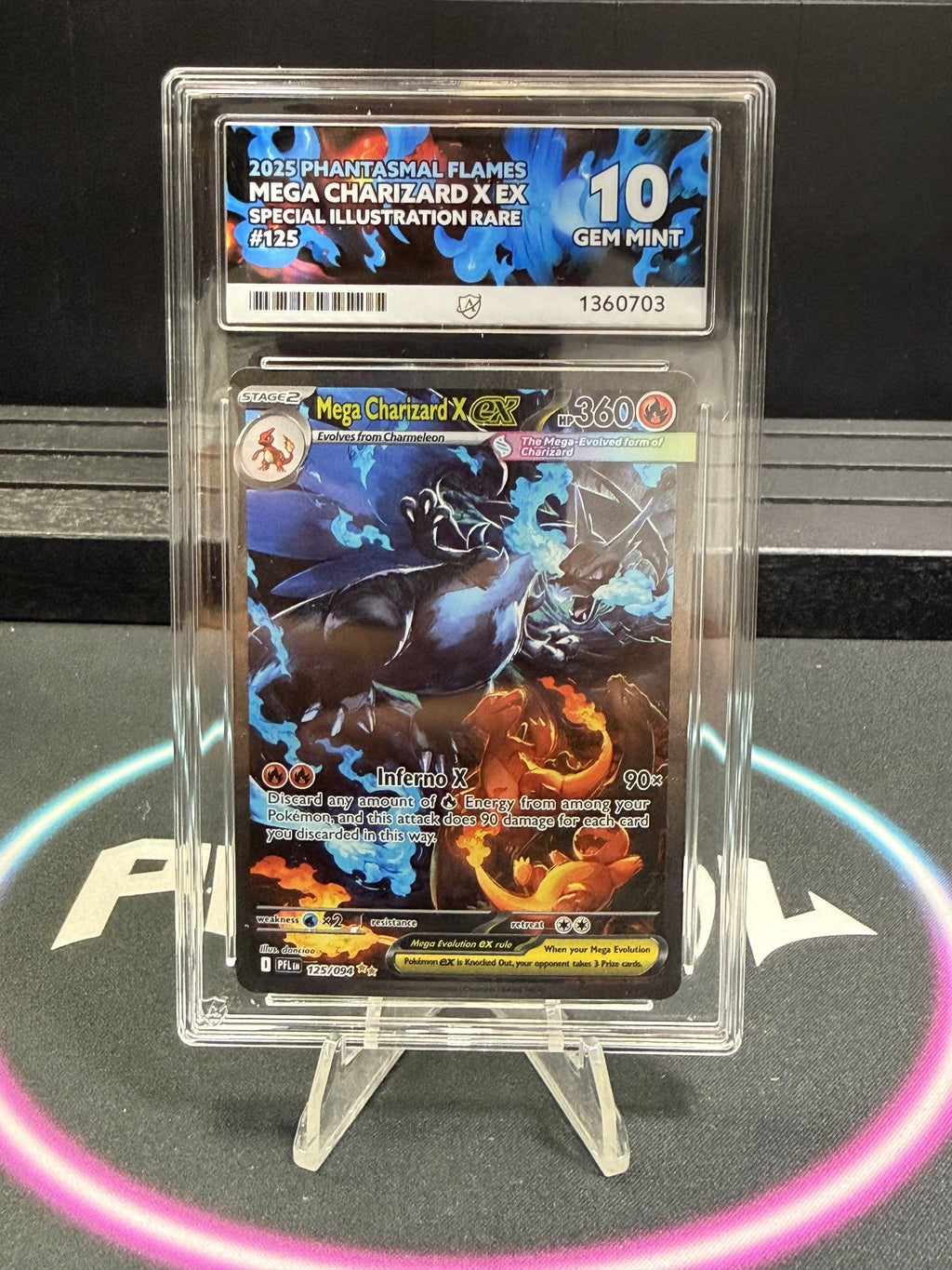Mega Charizard X ex 125/094 Phantasmal Flames ACE 10 slab, front, cert 1360703