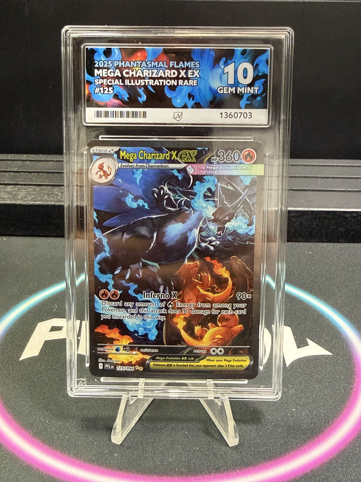 Mega Charizard X ex 125/094 Phantasmal Flames ACE 10 slab, front, cert 1360703