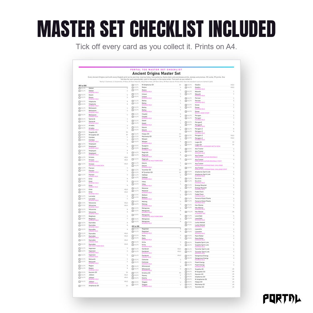 Pokemon Ancient Origins master set placeholders, the checklist included in the download, Portal TCG