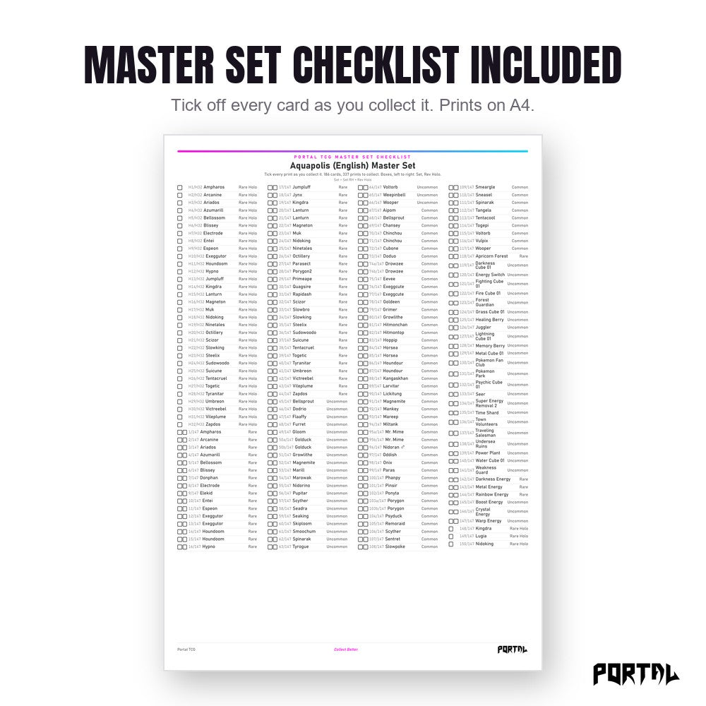Pokemon Aquapolis master set placeholders, the checklist included in the download, Portal TCG