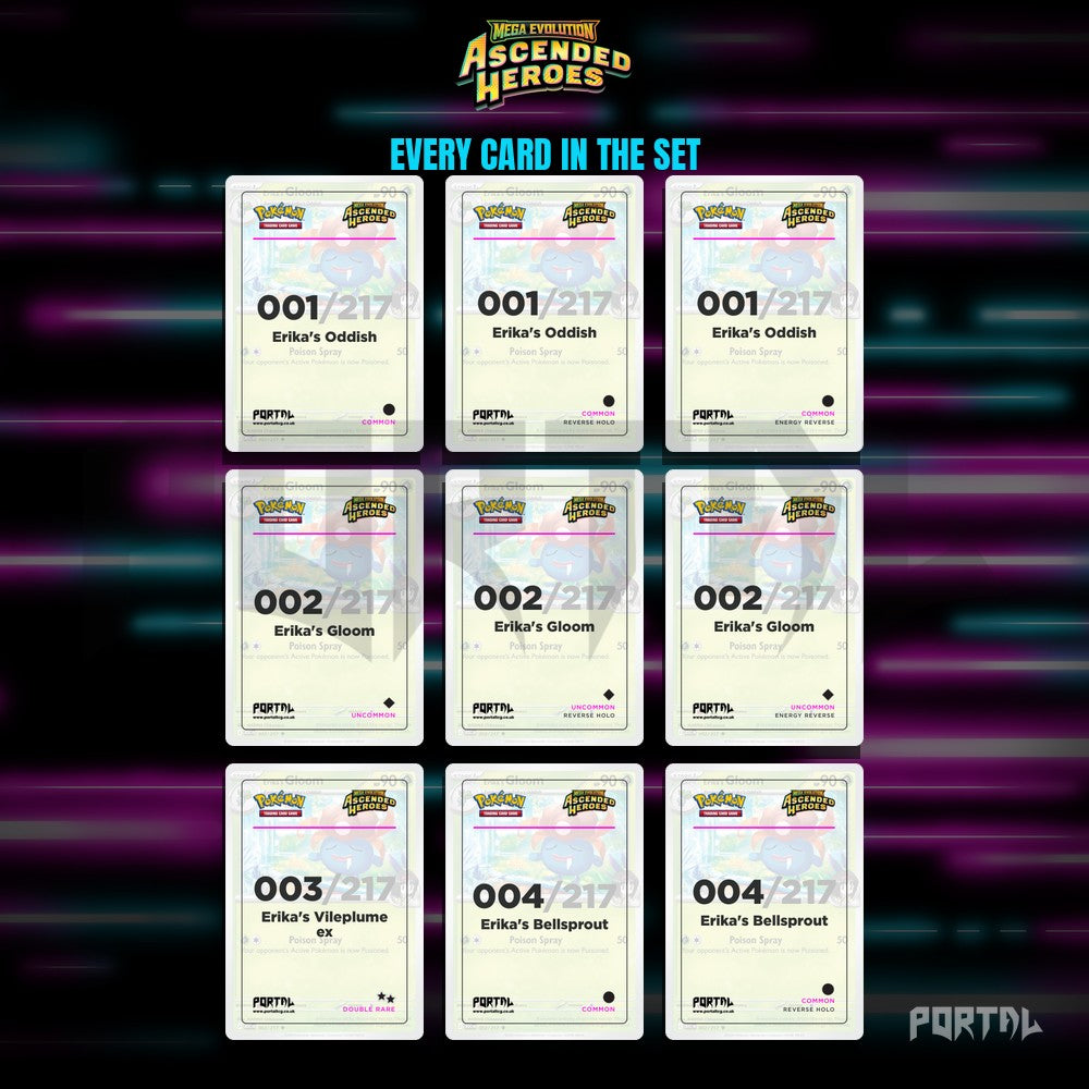 Ascended Heroes placeholder cards laid out in a nine pocket binder page
