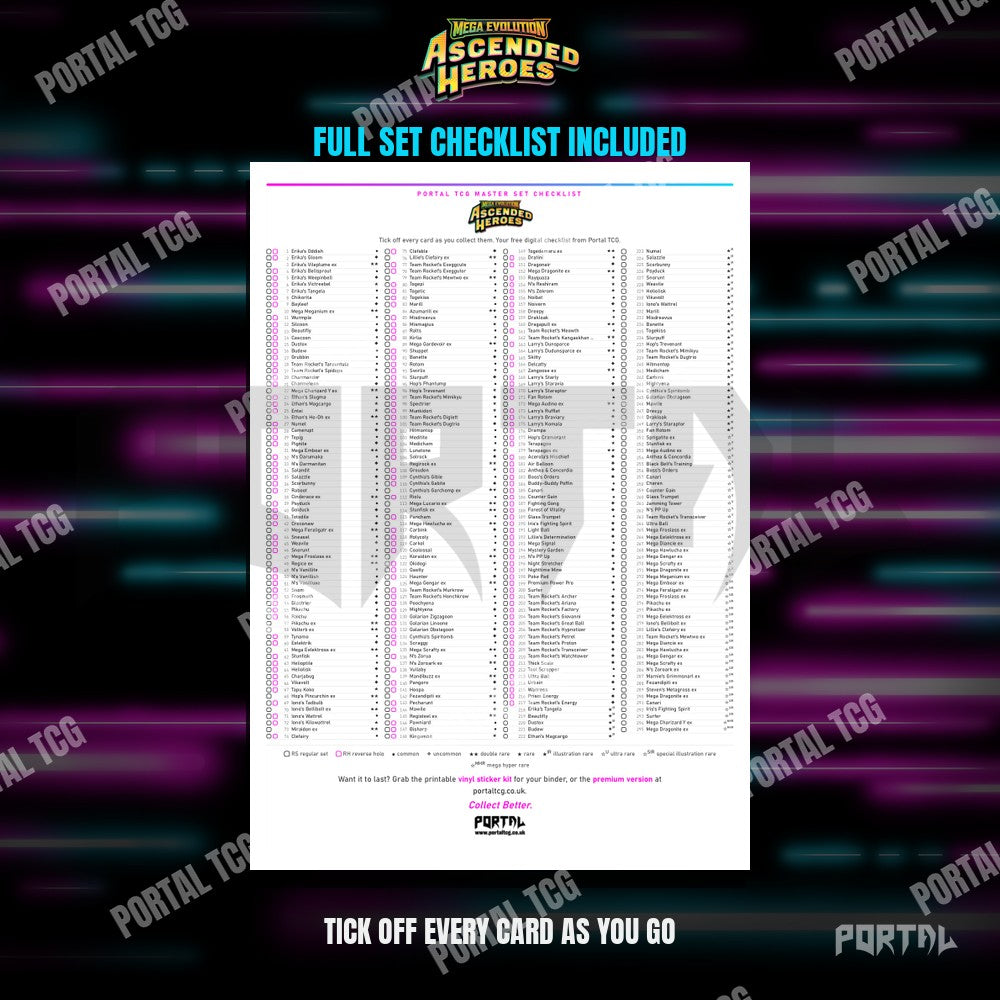 The free Ascended Heroes master set checklist included with the placeholders