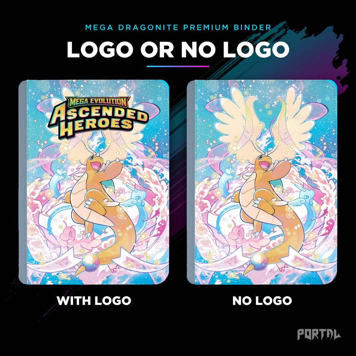 Pokemon Ascended Heroes Mega Dragonite premium binder, with logo and without logo side by side, Portal TCG