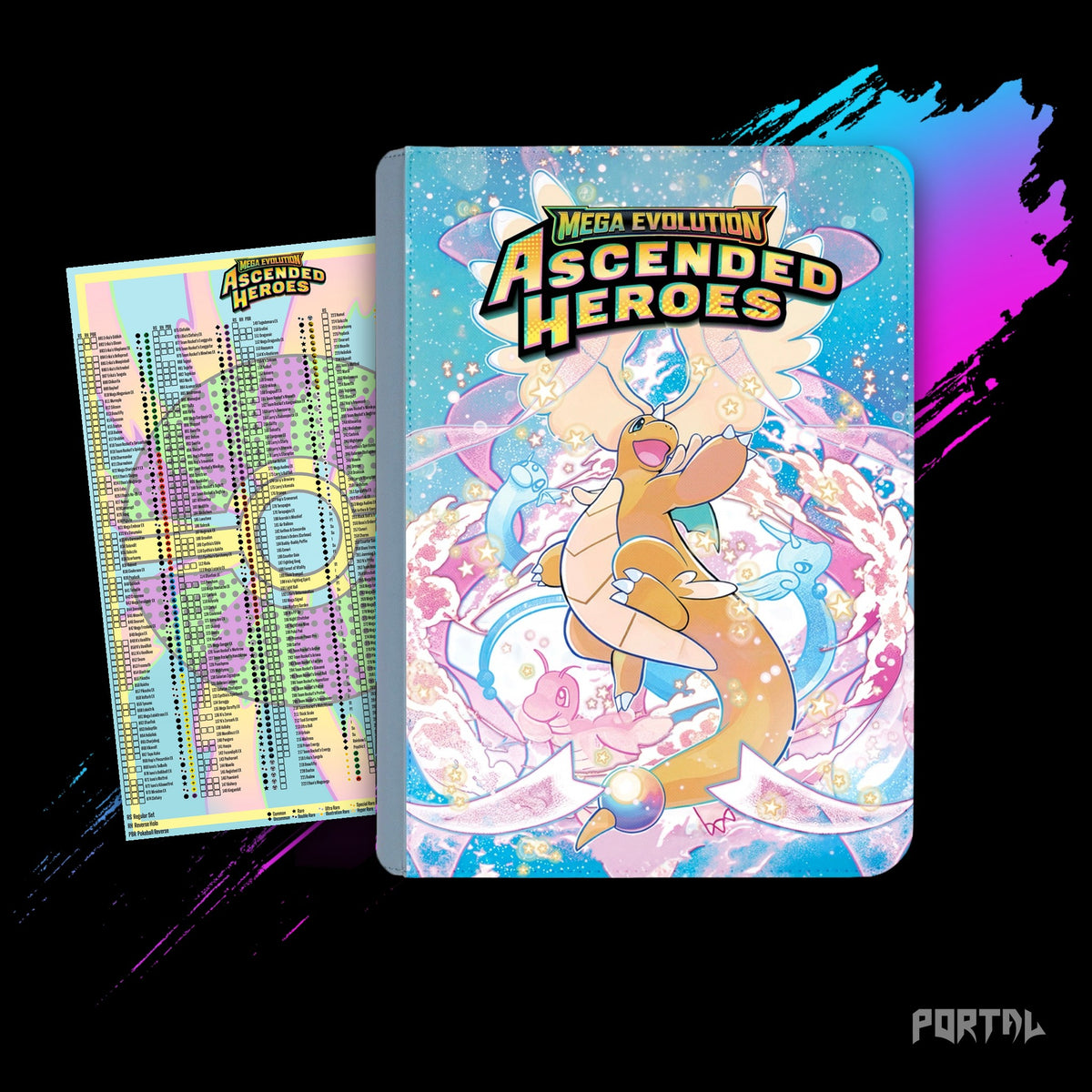 Pokemon Ascended Heroes Mega Dragonite premium binder, with its checklist, Portal TCG