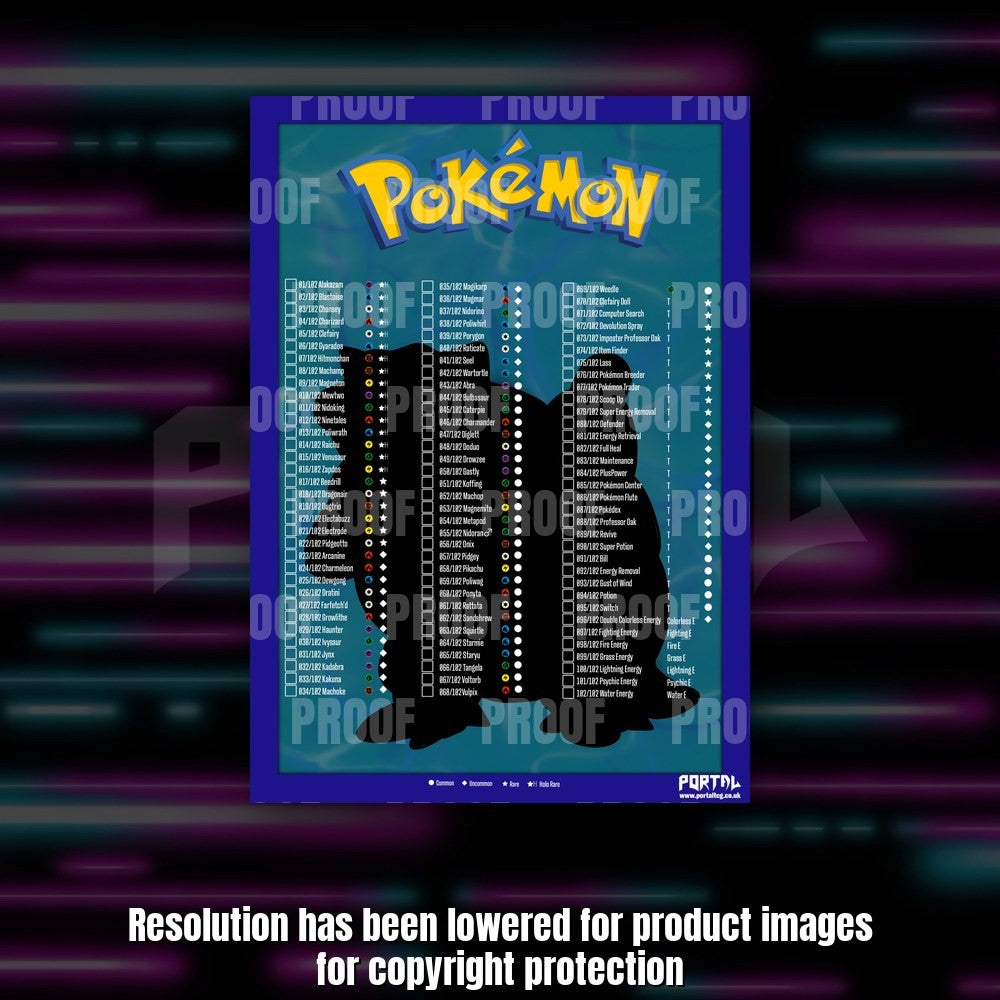 Pokemon Base Set master set checklist kit, Blastoise checklist sheet, Portal TCG