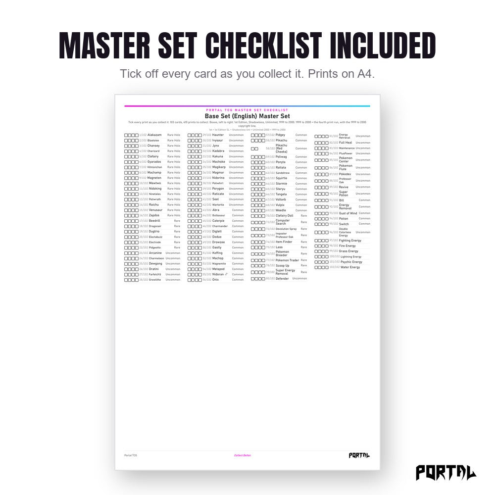 Pokemon Base Set master set placeholders, the checklist included in the download, Portal TCG