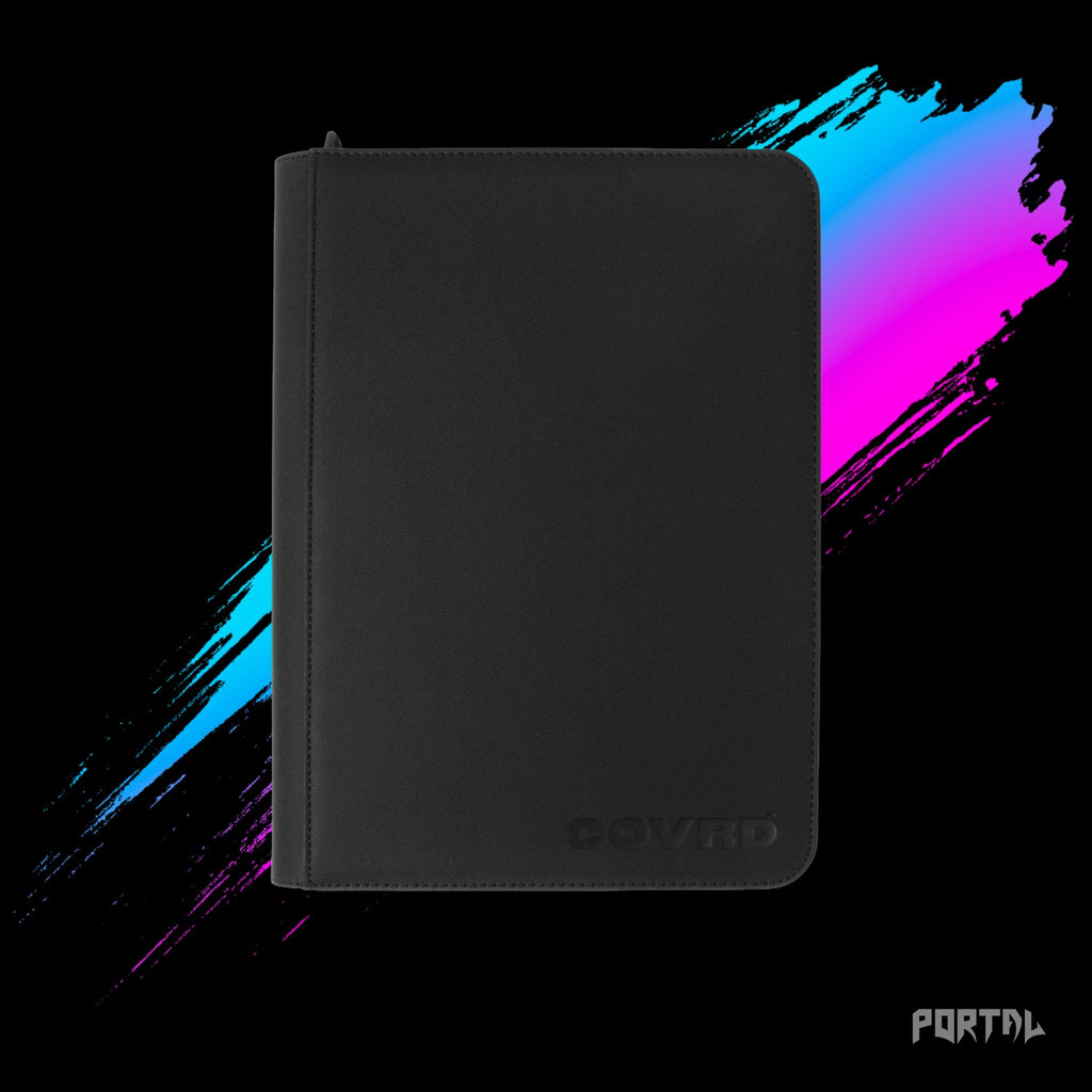 COVRD black premium 9 pocket zip binder, front, Portal TCG