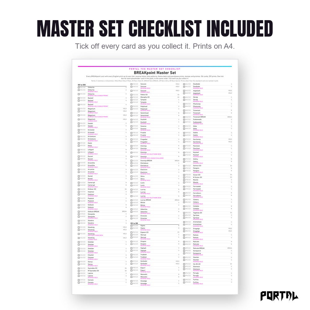 Pokemon BREAKpoint master set placeholders, the checklist included in the download, Portal TCG