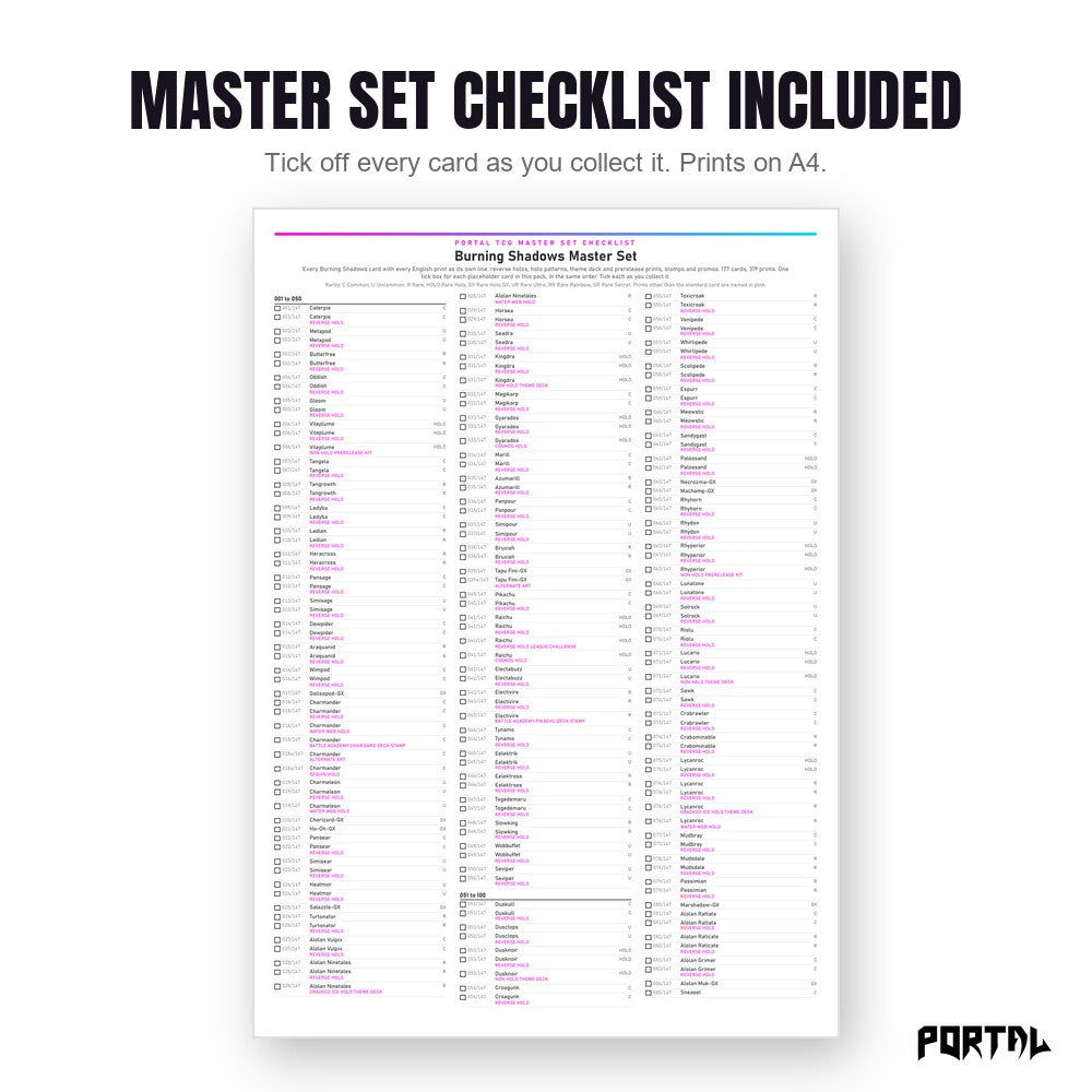 Pokemon Burning Shadows master set placeholders, the checklist included in the download, Portal TCG