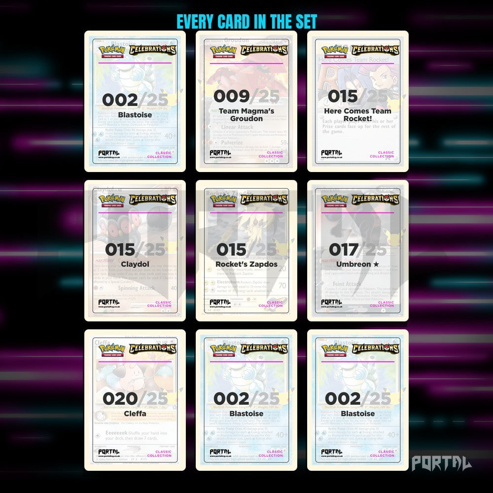 Celebrations Classic Collection master set placeholders, binder page, Portal TCG