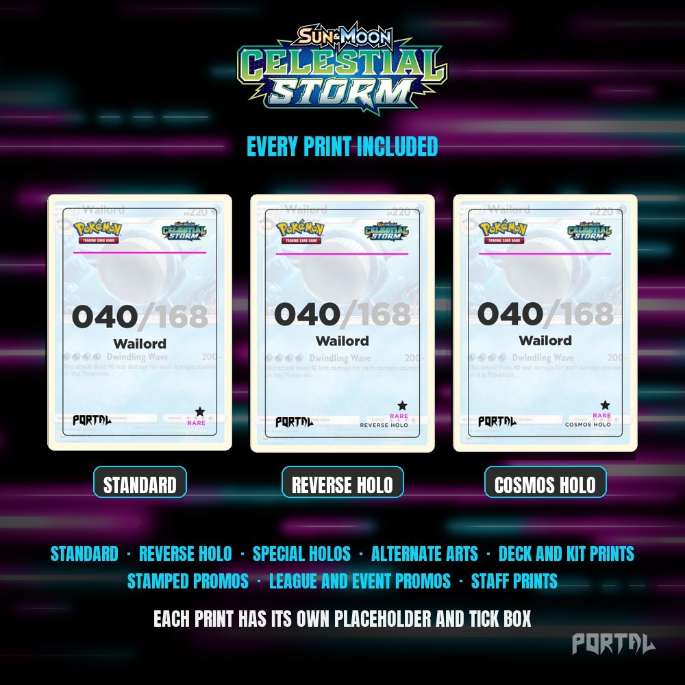 Pokemon Celestial Storm master set placeholders, every print included, Portal TCG