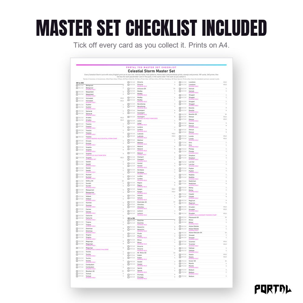 Pokemon Celestial Storm master set placeholders, the checklist included in the download, Portal TCG
