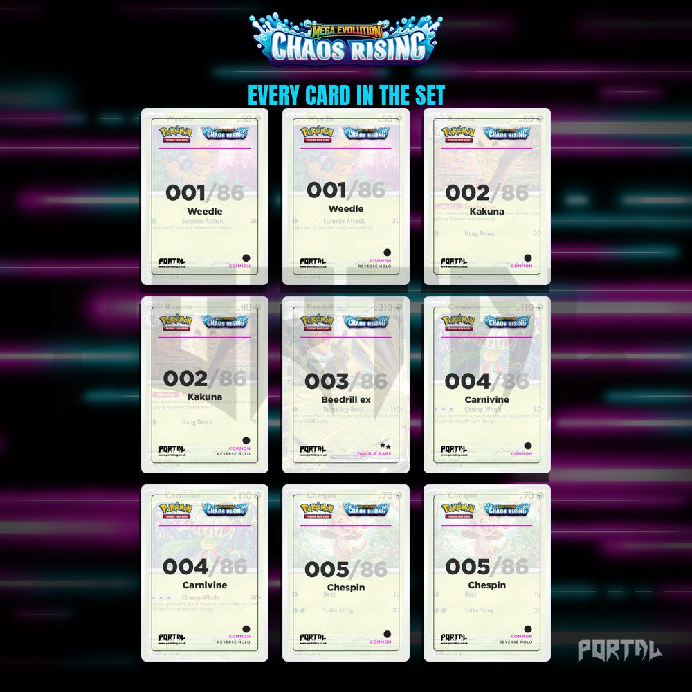 Chaos Rising placeholder cards laid out in a nine pocket binder page