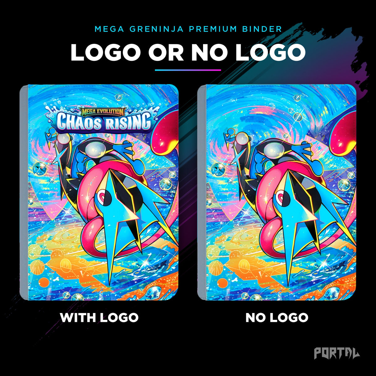 Pokemon Chaos Rising Mega Greninja premium binder, with logo and without logo side by side, Portal TCG