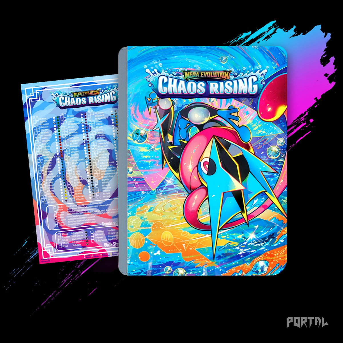 Pokemon Chaos Rising Mega Greninja premium binder, with its checklist, Portal TCG