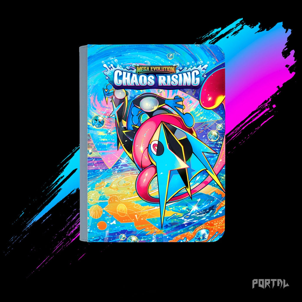 Pokemon Chaos Rising Mega Greninja premium collector's bundle, premium binder front cover with set logo, Portal TCG