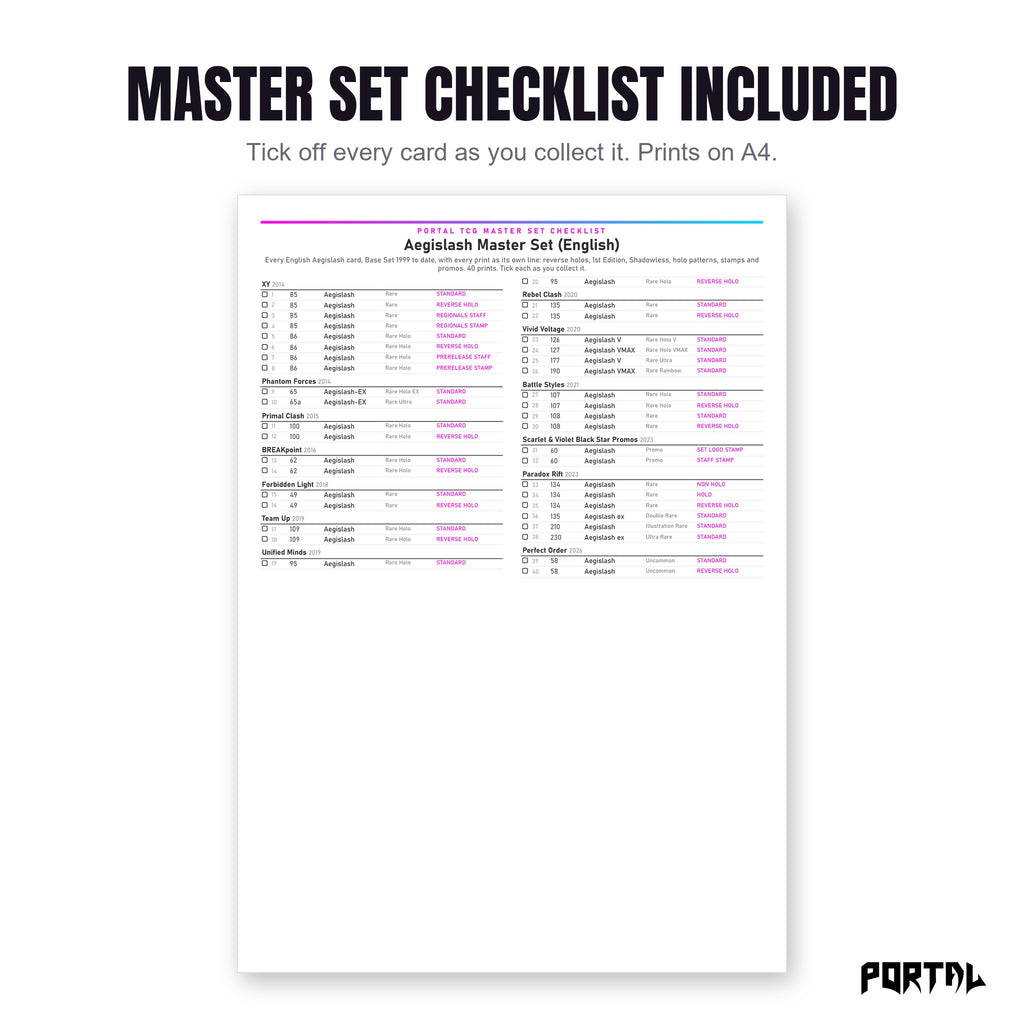 The Aegislash master set checklist included in the pack