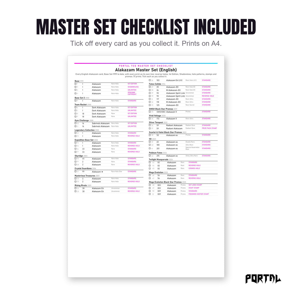 The Alakazam master set checklist included in the pack
