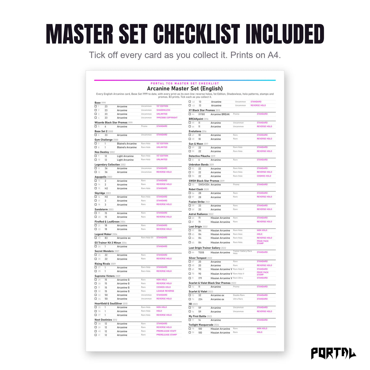 The Arcanine master set checklist included in the pack