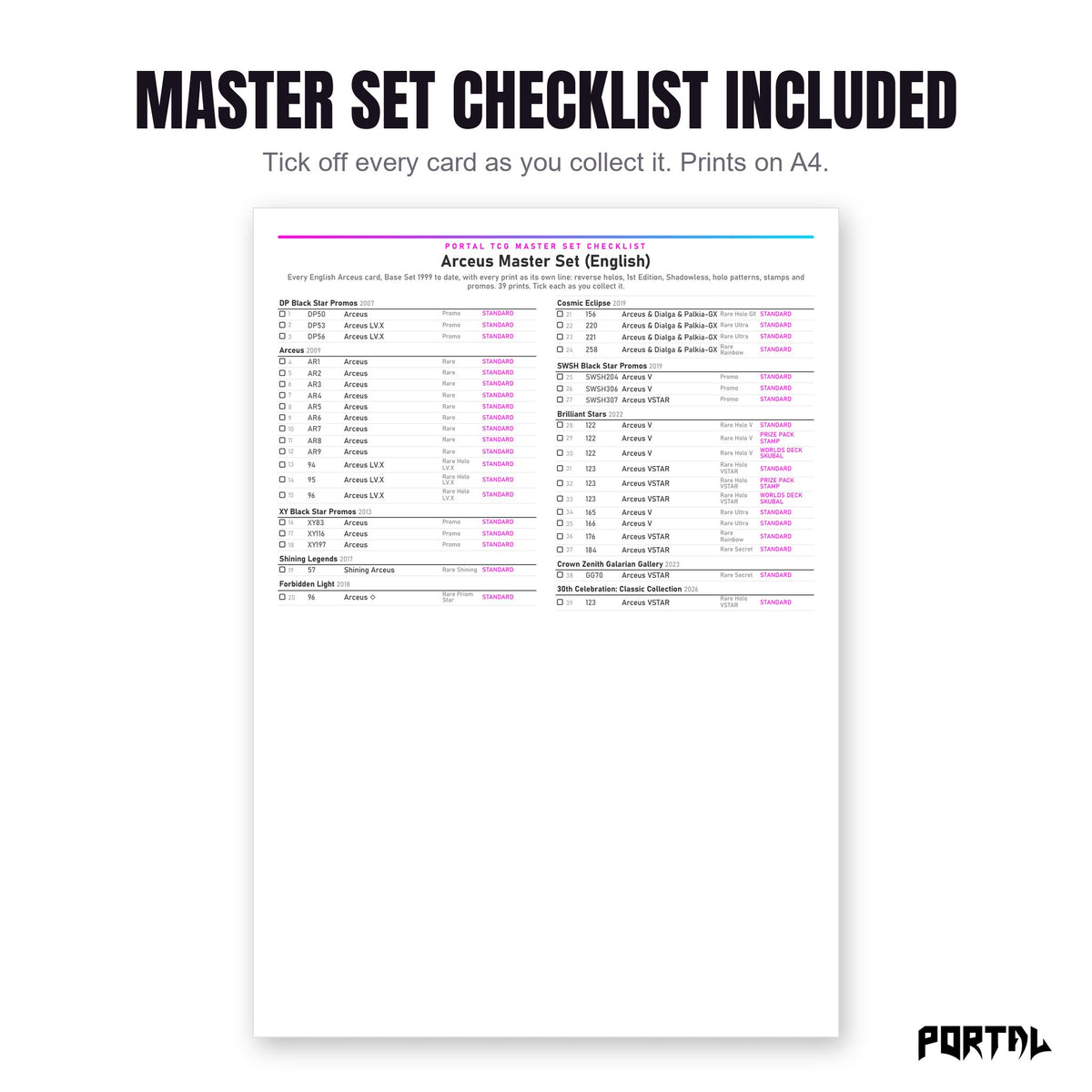 The Arceus master set checklist included in the pack