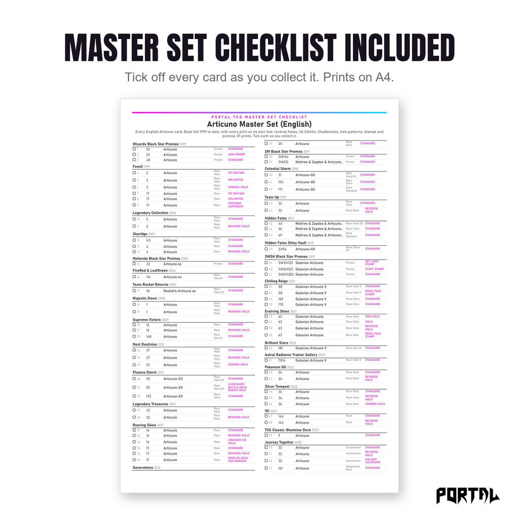 The Articuno master set checklist included in the pack