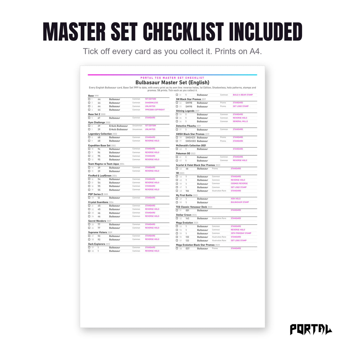 The Bulbasaur master set checklist included in the pack