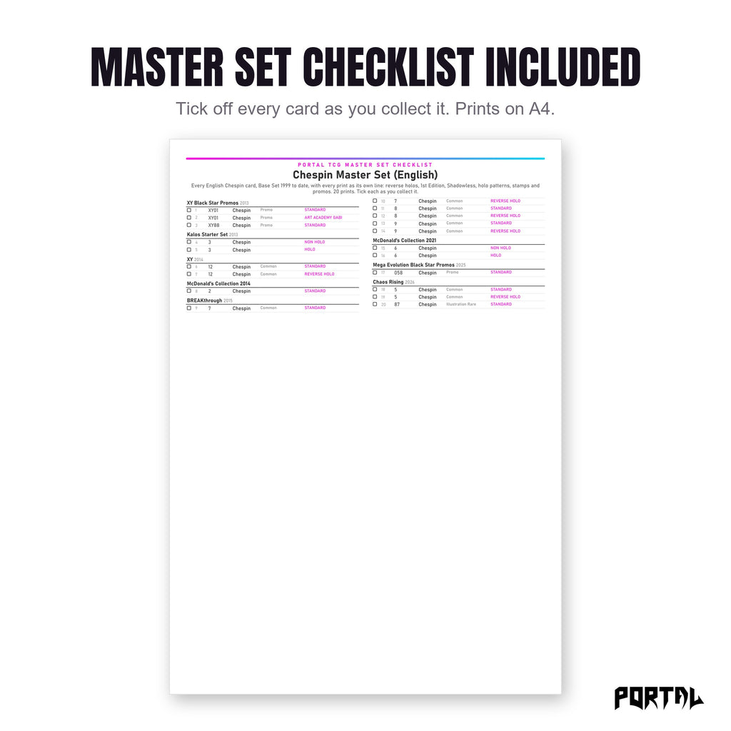 The Chespin master set checklist included in the pack