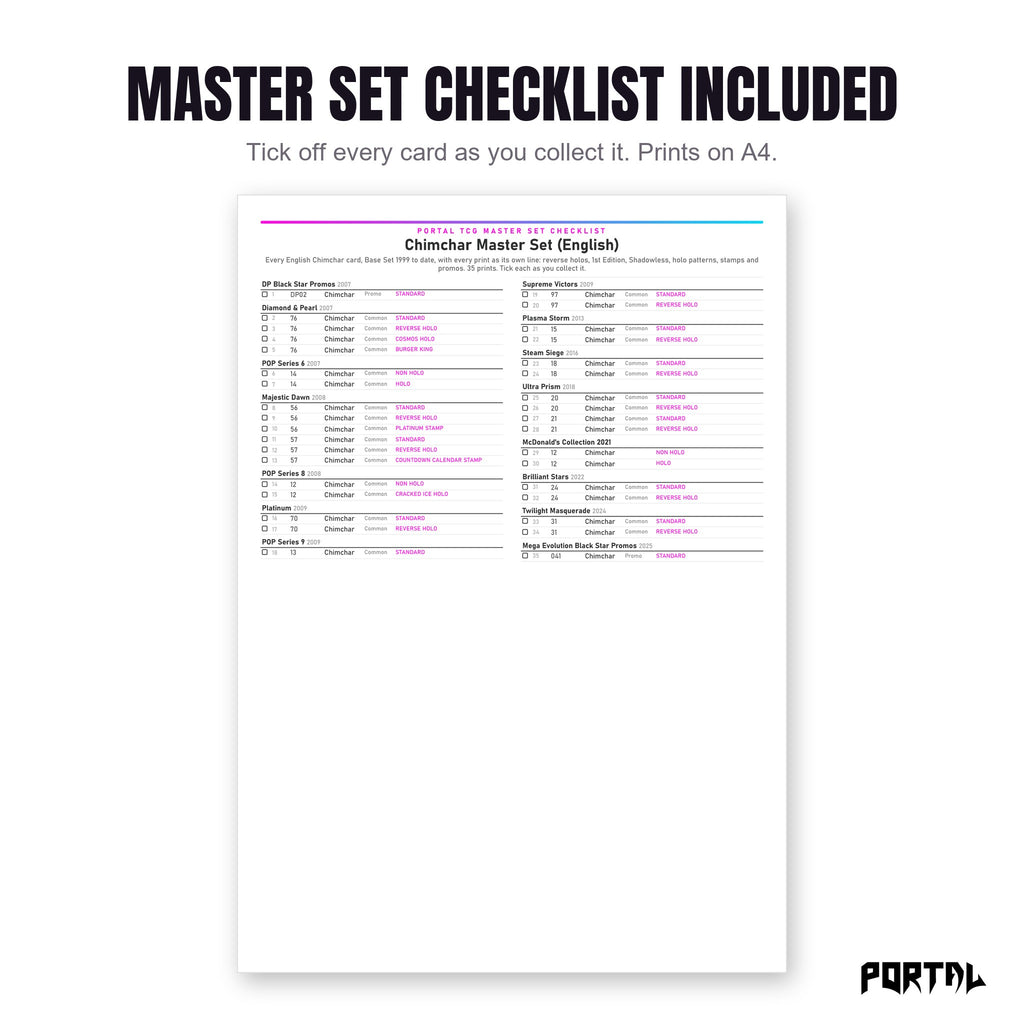 The Chimchar master set checklist included in the pack