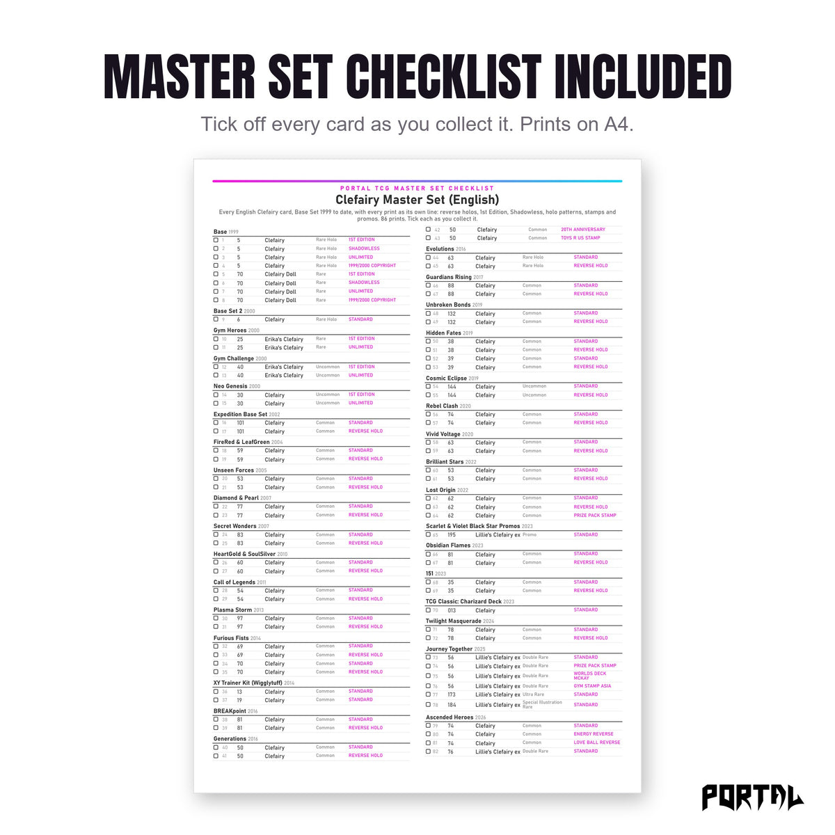 The Clefairy master set checklist included in the pack