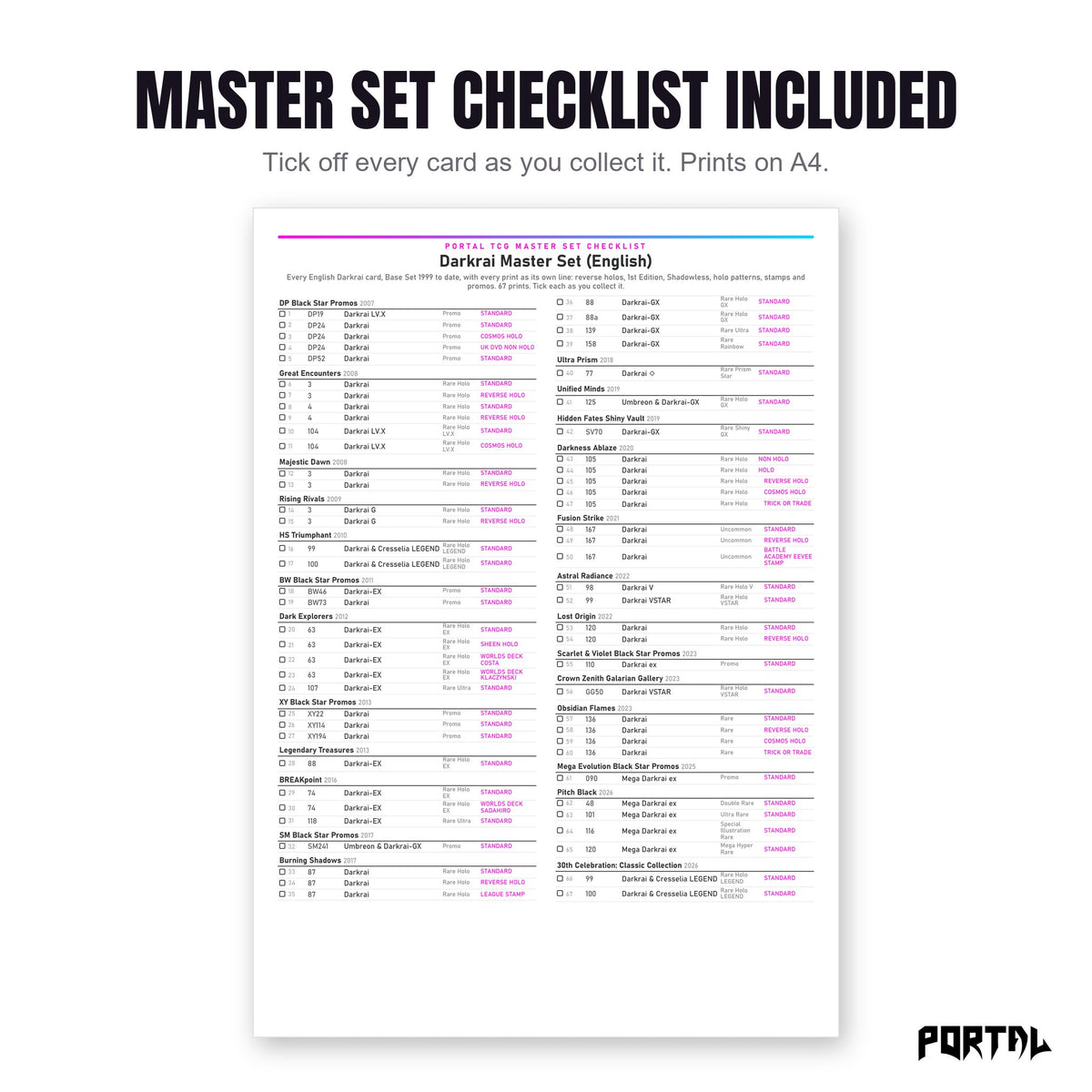 The Darkrai master set checklist included in the pack