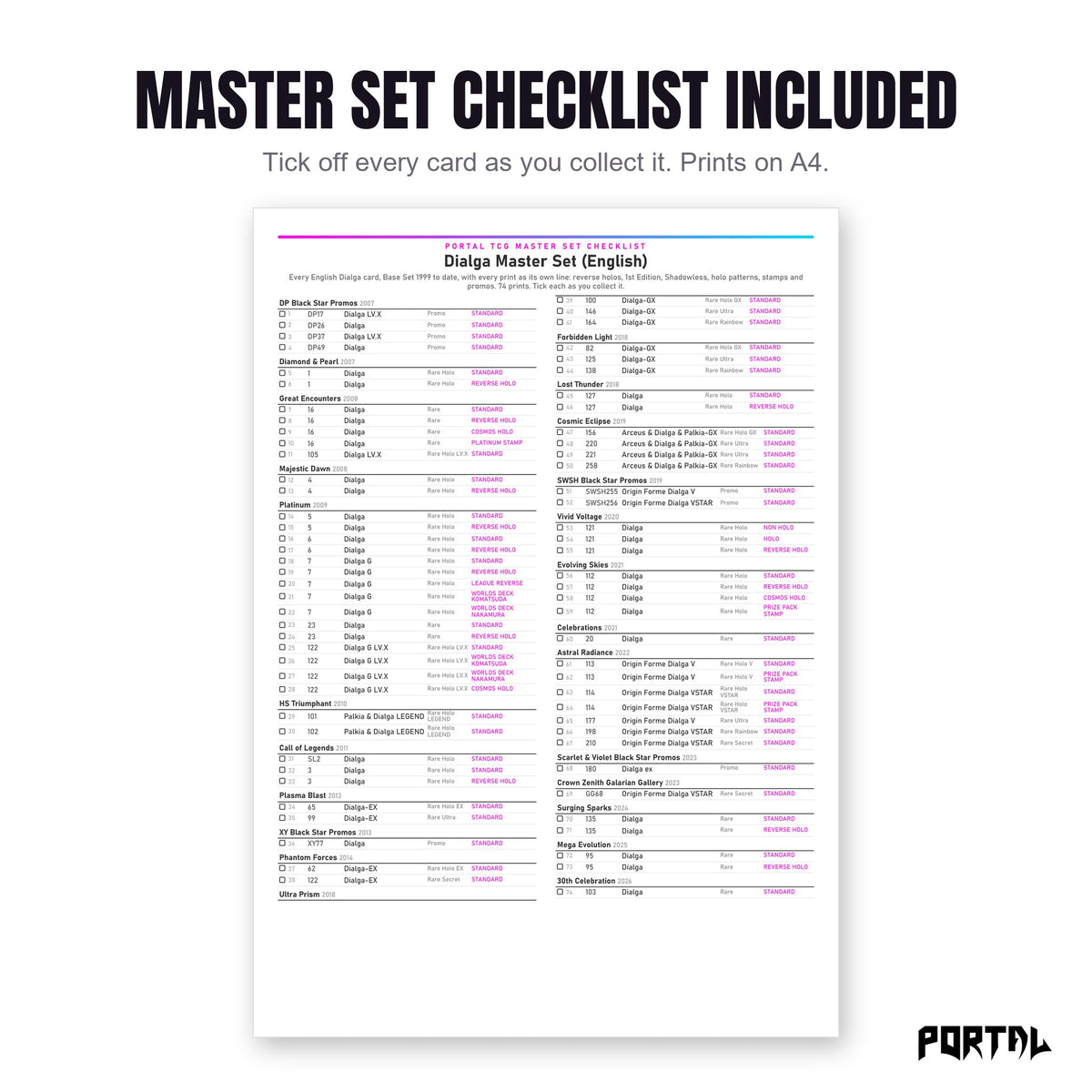 The Dialga master set checklist included in the pack