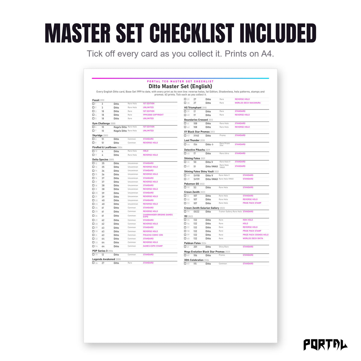 The Ditto master set checklist included in the pack