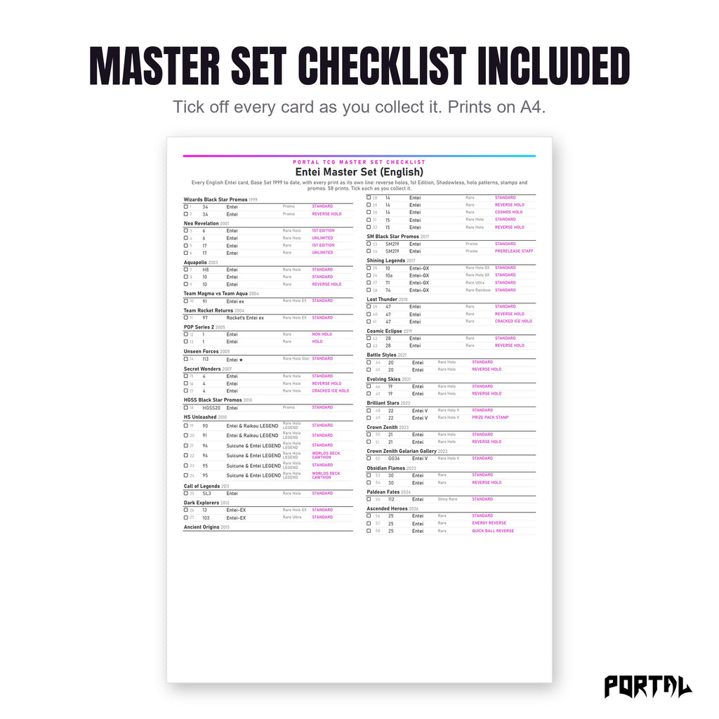 The Entei master set checklist included in the pack