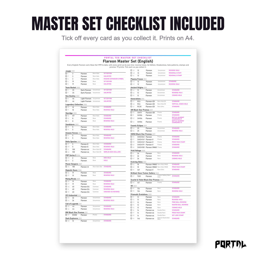 The Flareon master set checklist included in the pack