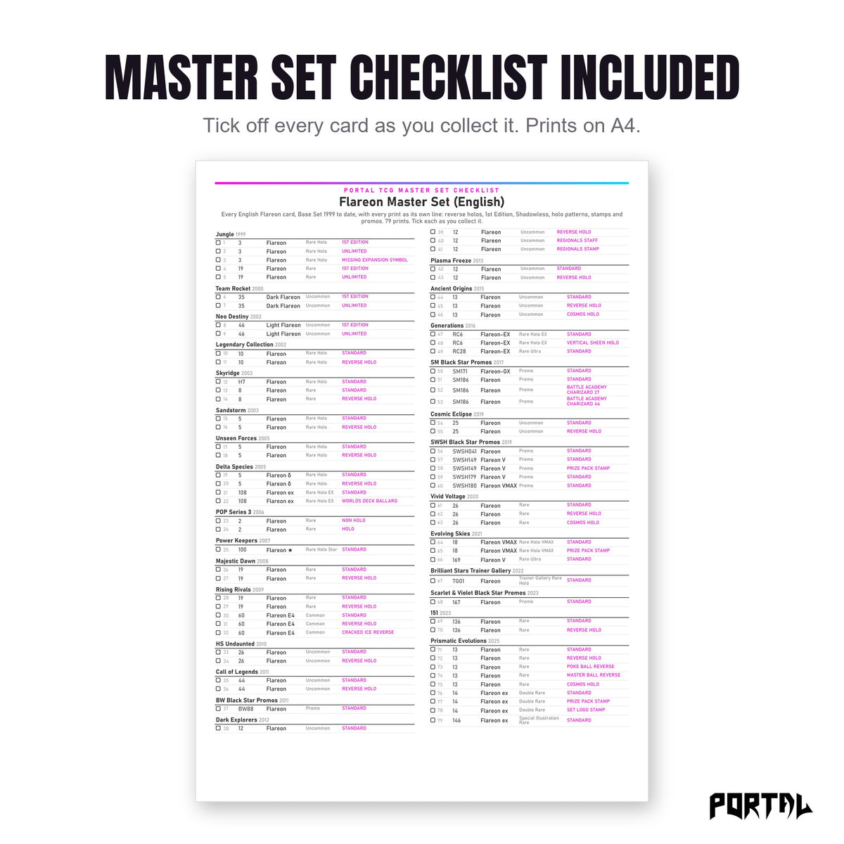 The Flareon master set checklist included in the pack