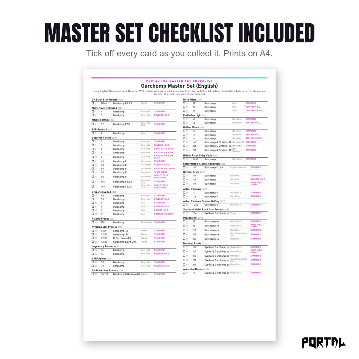 The Garchomp master set checklist included in the pack