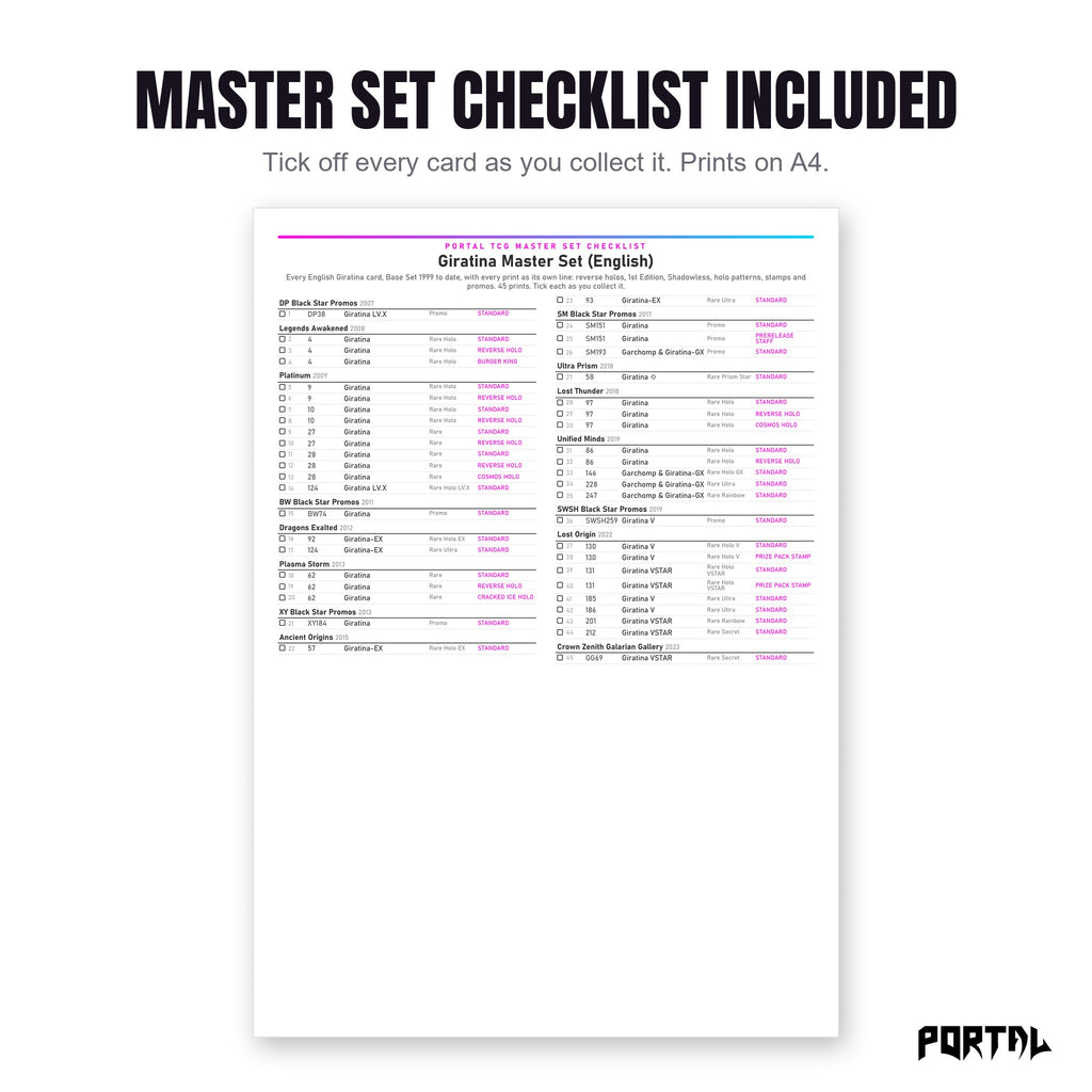 The Giratina master set checklist included in the pack