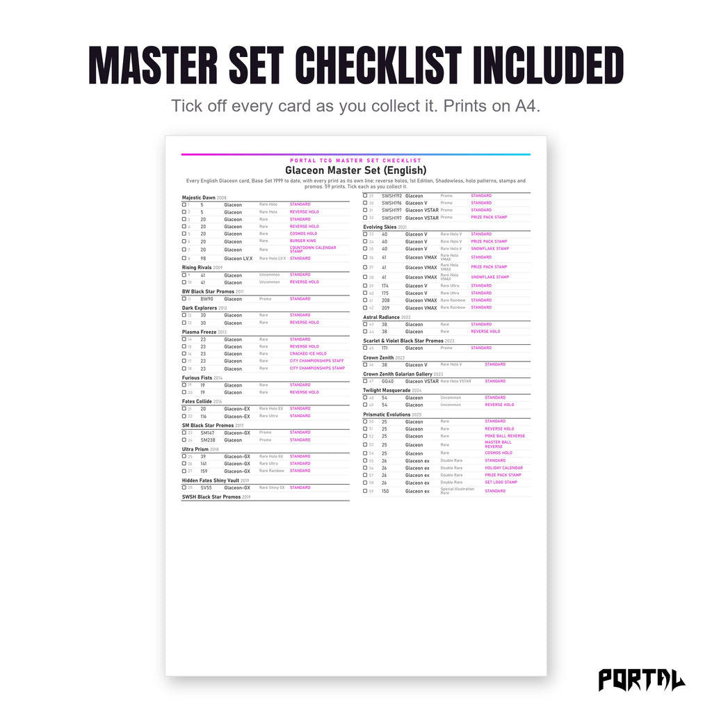 The Glaceon master set checklist included in the pack